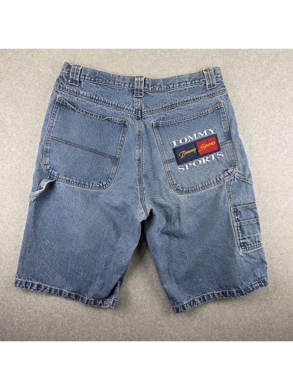Vintage Tommy Sports Cargo Shorts Mens 38 Blue Denim Carpenter Relaxed Logo